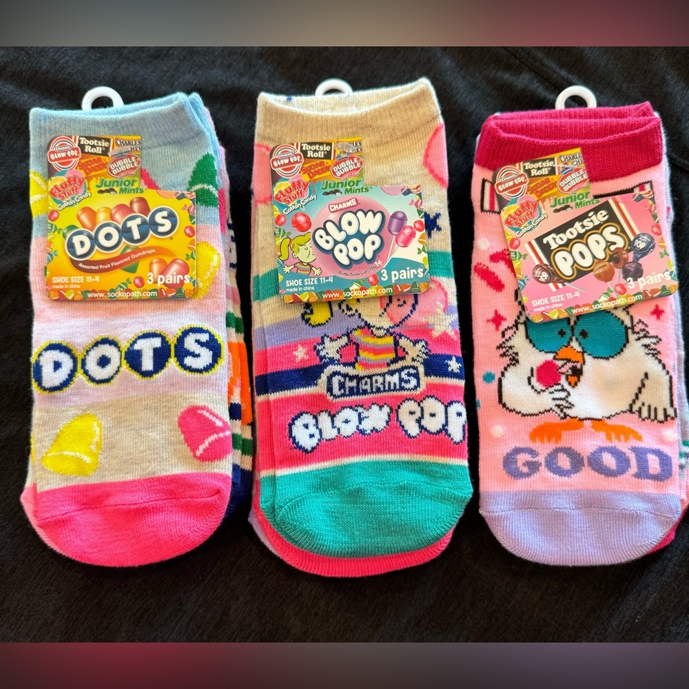 Set of NINE Pairs of super cute Girls Socks Candy Dots, Tootsie Pop, Blow Pop!!